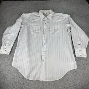 H Bar C Long Sleeve Pearl Snap Shirt Men's‎ Size 18/34 White w/ Silver Stripe